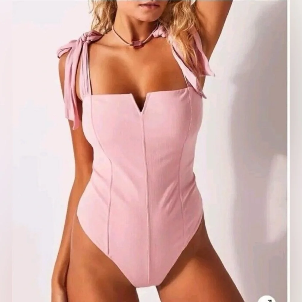 Free People Lola Tie Shoulder Light Pink Bodysuit XS
